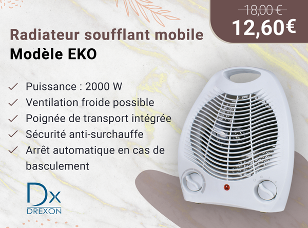 Drexon 923200 - Radiateur soufflant mobile 2000W EKO - 22*13*27 cm -Thermostat mécanique - Blanc